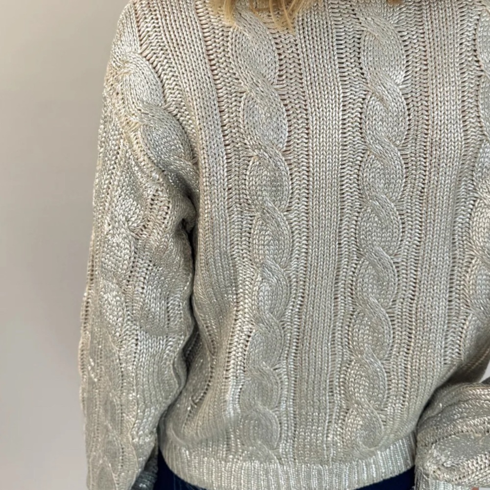 Steve Madden Renzo Shine Cable Knit womens Crewneck Sweater/Antique Ivory/XL